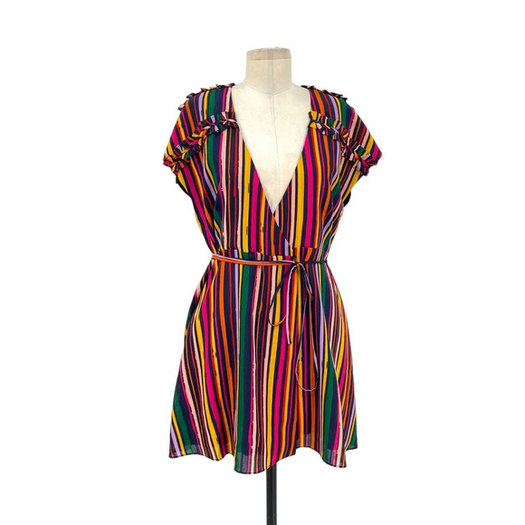 Tularosa Maud Wrap Dress Cherry Red Multi Rainbow Stripe Size Medium - Picture 2 of 9